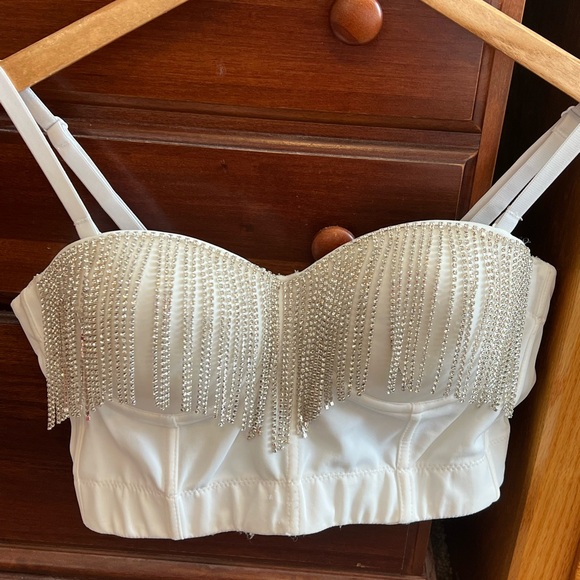 Tops - White Bustier with Silver Rhinestone Fringe